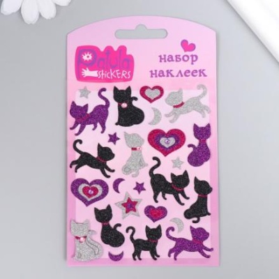 Блестящие наклейки "Кошки и сердечки", 9,5х15 см, GP12