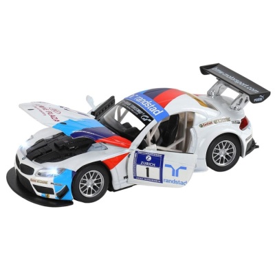 Машина металлическая BMW Z4 GT3 1:32, инерция, световые и звуковые, открываются двери, цвет белый