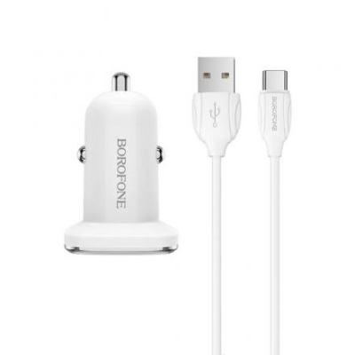 Автомобильное зарядное устройство Borofone BZ12, 2xUSB, 2.4 А, кабель Type-C, белое