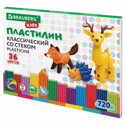 Пластилин 36цв 720г BRAUBERG KIDS, со стеком.ВЫСШЕЕ КАЧЕСТВО