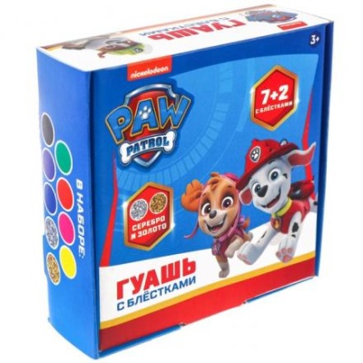 Гуашь 7 цветов + 2 цвета с блёстками (золото, серебро) по 20 мл, Paw Patrol, карамельная