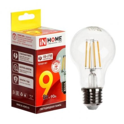 Лампа светодиодная IN HOME LED-A60-deco, 9 Вт, 230 В, Е27, 3000 К, 1040 Лм, прозрачная