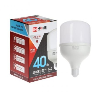 Лампа светодиодная IN HOME LED-HP-PRO, 40 Вт, 230 В, Е27, E40, 4000 К, 3800 Лм, с адаптером