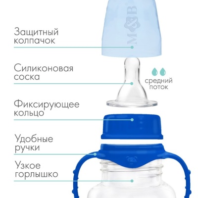 Бутылочка для кормления детская классическая, с ручками, 150 мл, от 0 мес., цвет синий