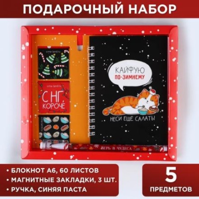 Набор «Кайфуй по зимнему»: блокнот на спирали А6, 40 листов, магнитные закладки 3 шт и ручка пластик