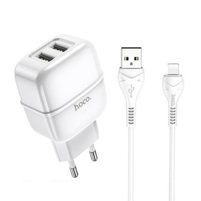 Сетевое зарядное устройство Hoco C77A, 2хUSB, 2.4 А, кабель Lightning, 1 м, белое