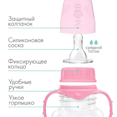 Бутылочка для кормления детская приталенная, с ручками,250 мл,от 0 мес.,цвет розовый МИКС