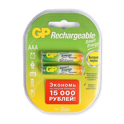 Аккумулятор GP, Ni-Mh, AAA, HR03-2BL, 1.2В, 400 мАч, блистер, 2 шт.