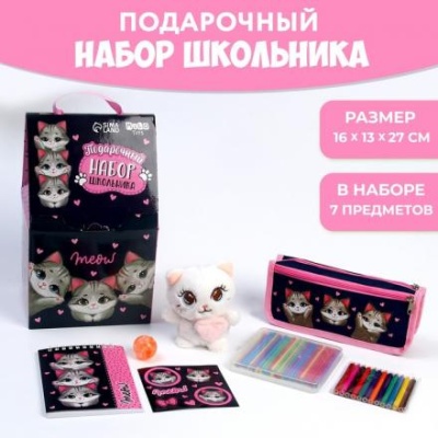 Подарочный набор школьника с мягкой игрушкой «Кот», 7 предметов