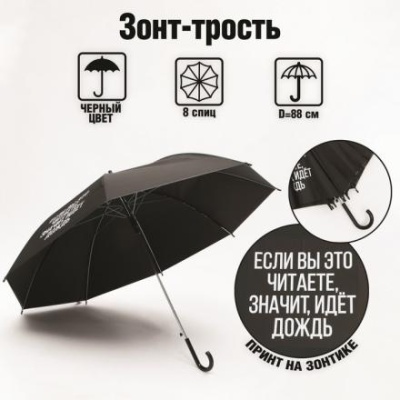 Зонть-трость "Если вы это читаете, идёт дождь", 8 спиц, d = 91 см, цвет чёрный