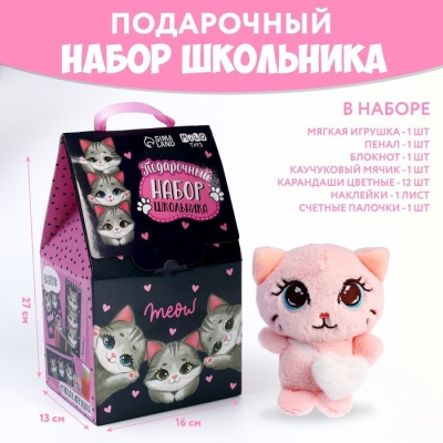 Подарочный набор школьника с мягкой игрушкой «Кот», 7 предметов