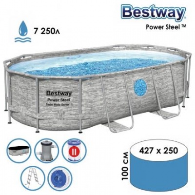 Бассейн каркасный Power Steel Swim Vista, 427 х 250 х 100, фильтр-насос, лестница, тент, 56714 Bestway