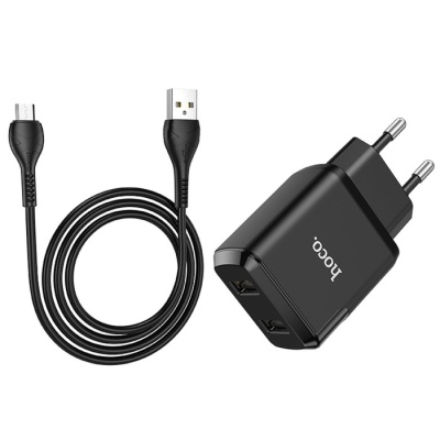 Сетевое зарядное устройство Hoco N7, 2 USB - 2.1 А, кабель microUSB 1 м, черный