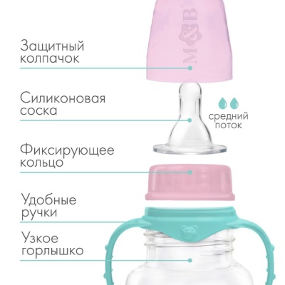 Бутылочка для кормления детская приталенная, с ручками, 150 мл, от 0 мес., цвет бирюзовый