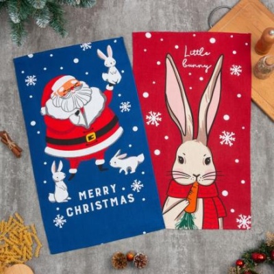 Набор кухонных полотенец Доляна Bunny & Santa 35х60 см - 2 шт., 100% хл