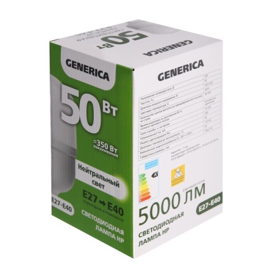 Лампа светодиодная GENERICA HP, 50 Вт, 4000 К, E27-E40, 230 В, LL-HP-50-230-40-E27-E40-G