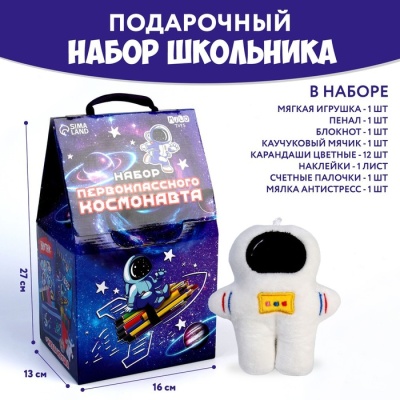 Подарочный набор школьника с мягкой игрушкой «Космонавт», 8 предметов