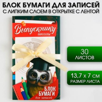 Блок бумаги для записей с липким слоем «Выпускнику школы» в открытке с лентой, 30 листов.