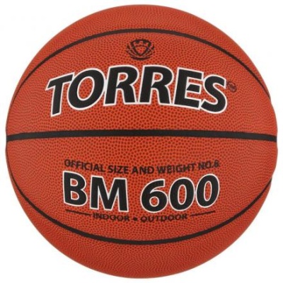 Мяч баскетбольный Torres BM600, B10026, PU, клееный, 8 панелей, размер 6