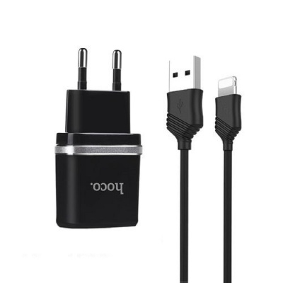 Сетевое зарядное устройство Hoco C12, 2 USB - 2.4 А, кабель Lightning 1 м, черный