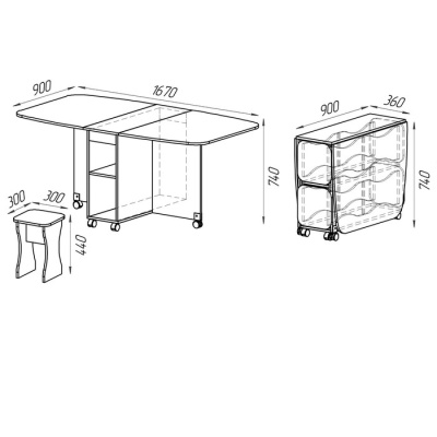 Стол книжка с табуретами 360/1670х900х740 Дуб сонома