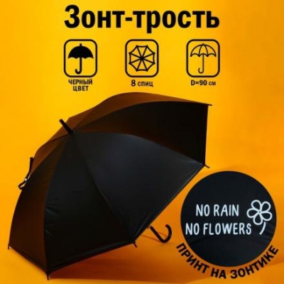 Зонт-трость «NO RAIN - NO FLOWERS», 8 спиц, d = 90 см, цвет чёрный