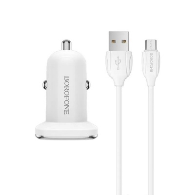 Автомобильное зарядное устройство Borofone BZ12, 2xUSB, 2.4 А, кабель microUSB, белое