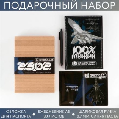 Подарочный набор «23.02»: ежедневник А5 80 листов, паспортная обложка ПВХ и ручка пластик