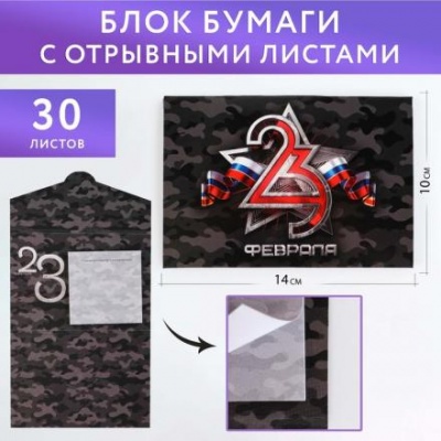 Блок бумаги с отрывными листами, 30 л. в конверте "23 февраля"