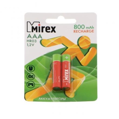 Аккумулятор Mirex, Ni-Mh, AAA, HR03-2BL, 1.2В, 800 мАч, блистер, 2 шт.