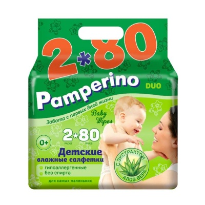 Влажные салфетки Pamperino детские, с алоэ вера, 2 упаковки по 80 шт. микс